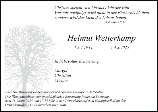 Traueranzeige von Helmut Wetterkamp von Tageszeitung