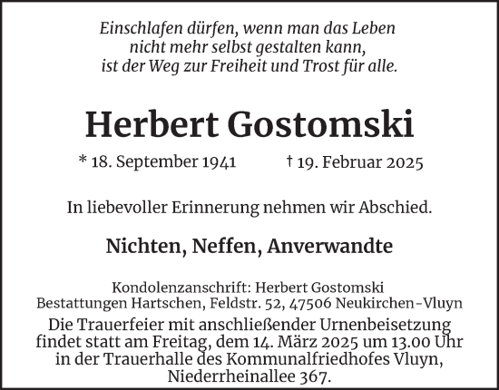 Traueranzeige von Herbert Gostomski von Tageszeitung