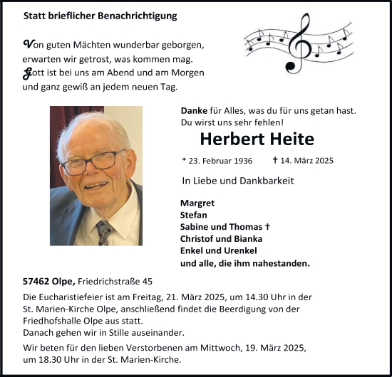 Traueranzeige von Herbert Heite von Tageszeitung