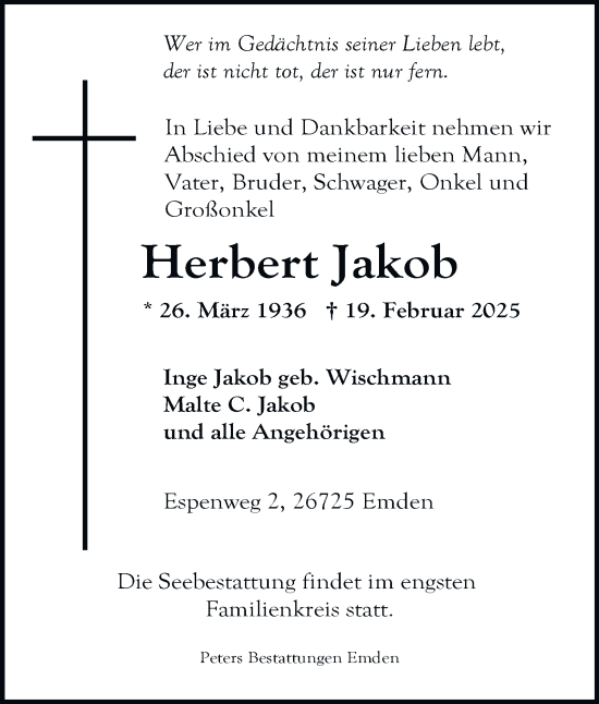 Traueranzeige von Herbert Jakob von Tageszeitung