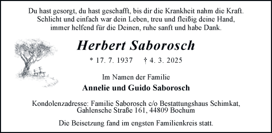 Traueranzeige von Herbert Saborosch von Tageszeitung