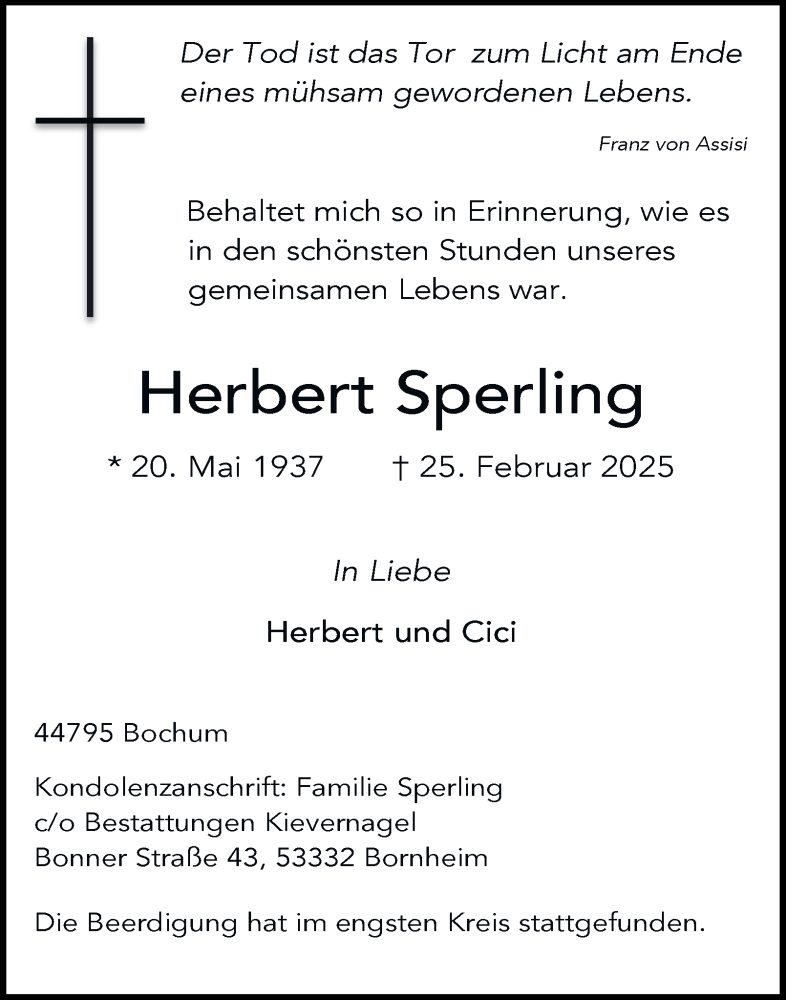  Traueranzeige für Herbert Sperling vom 15.03.2025 aus Tageszeitung