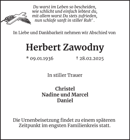 Traueranzeige von Herbert Zawodny von Tageszeitung