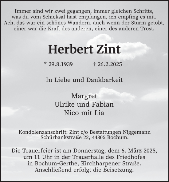 Traueranzeige von Herbert Zint von Tageszeitung