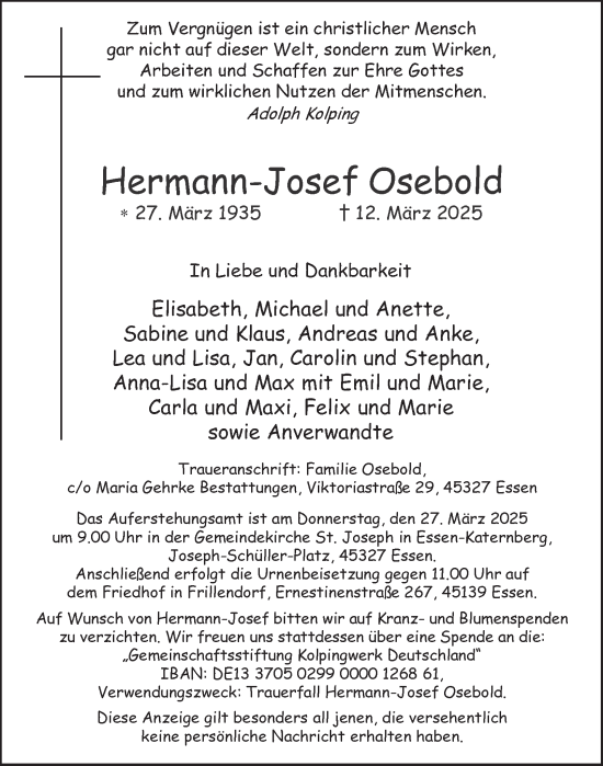 Traueranzeige von Hermann-Josef Osebold von Tageszeitung