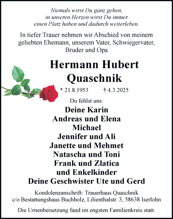 Traueranzeige von Hermann Hubert Quaschnik von Tageszeitung