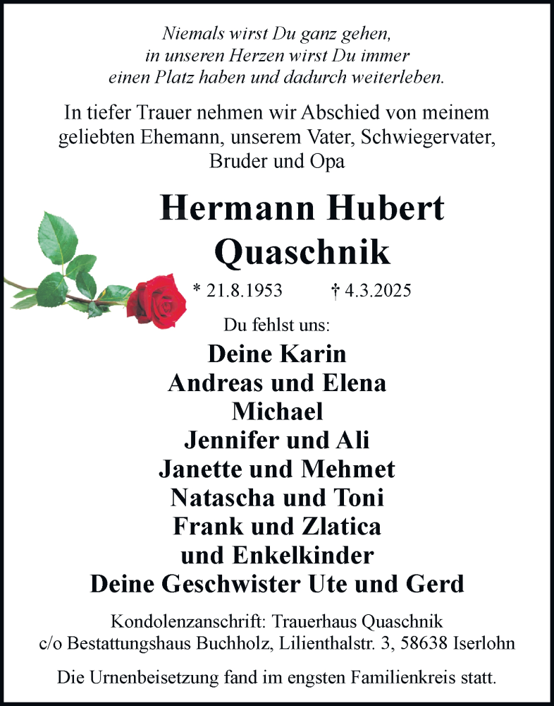  Traueranzeige für Hermann Hubert Quaschnik vom 15.03.2025 aus Tageszeitung