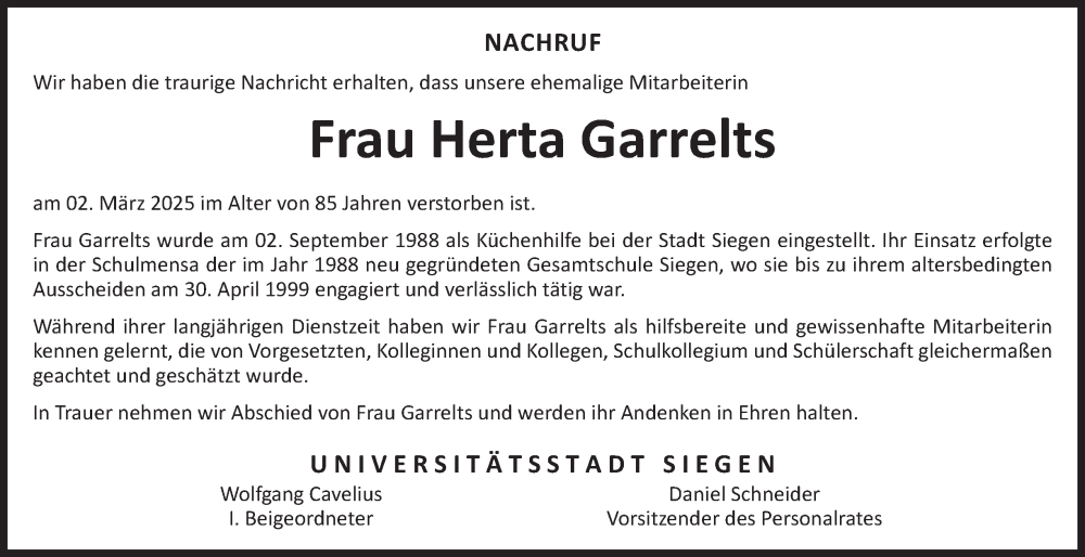  Traueranzeige für Herta Garrelts vom 12.03.2025 aus Tageszeitung