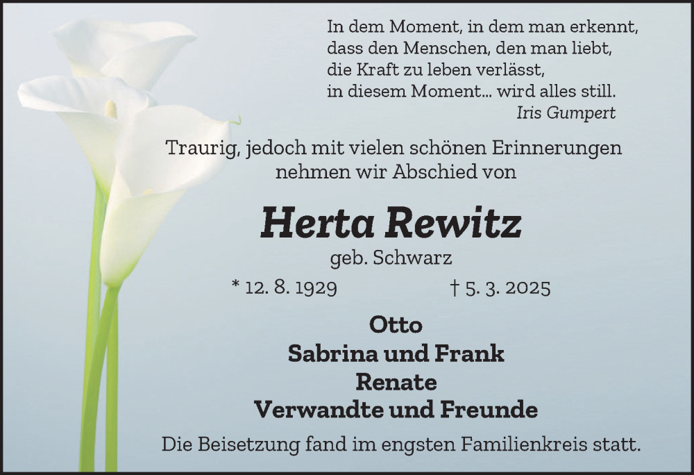  Traueranzeige für Herta Rewitz vom 15.03.2025 aus Tageszeitung