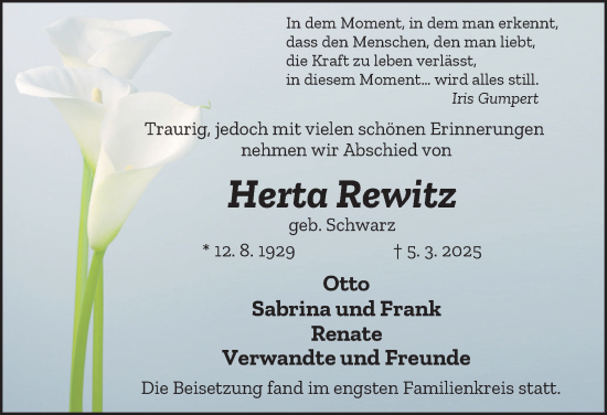 Traueranzeige von Herta Rewitz von Tageszeitung