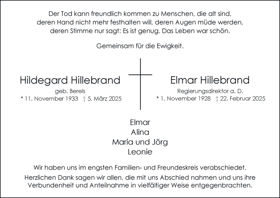Traueranzeige von Hildegard Hillebrand von Tageszeitung