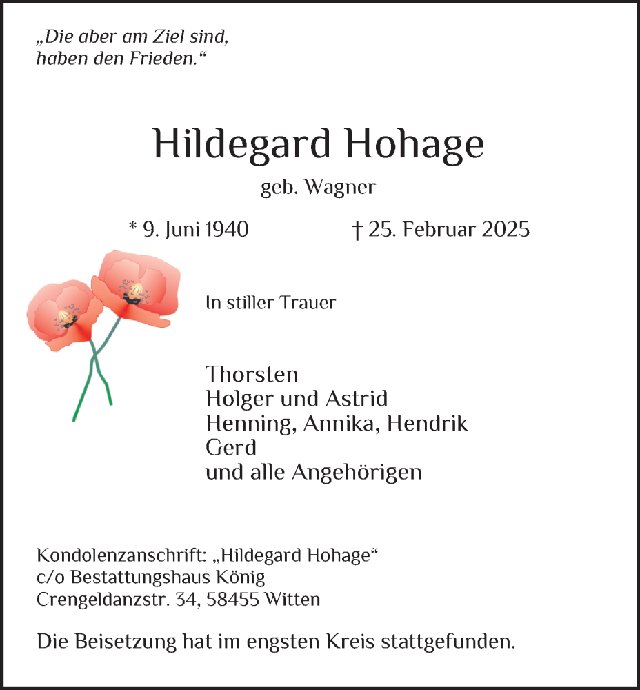 Traueranzeige für Hildegard Hohage vom 15.03.2025 aus Tageszeitung