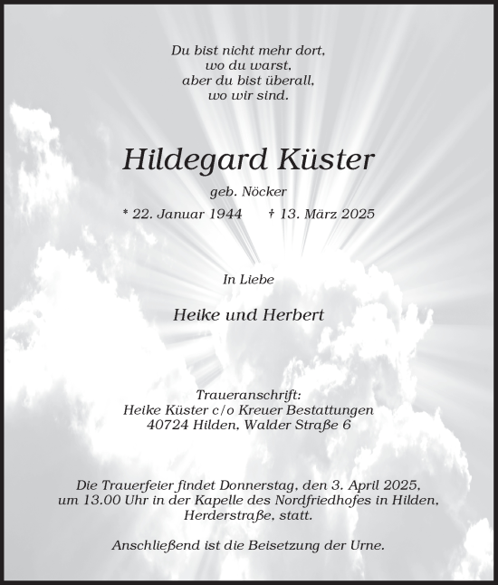 Traueranzeige von Hildegard Küster von Tageszeitung