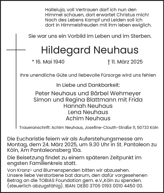 Traueranzeige von Hildegard Neuhaus von Tageszeitung