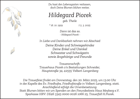 Traueranzeige von Hildegard Piorek von Tageszeitung