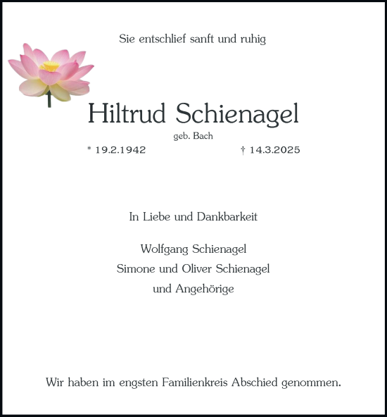 Traueranzeige von Hiltrud Schienagel von Tageszeitung