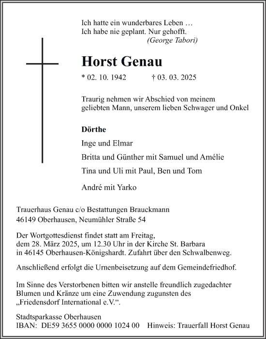 Traueranzeige von Horst Genau von Tageszeitung