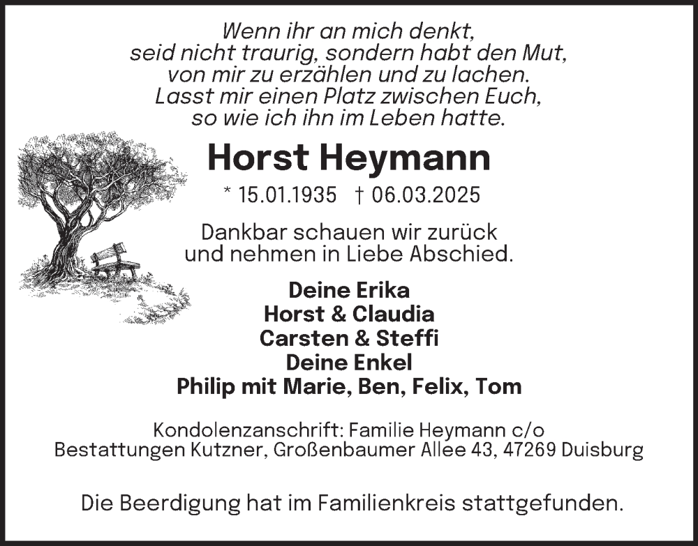  Traueranzeige für Horst Heymann vom 22.03.2025 aus Tageszeitung