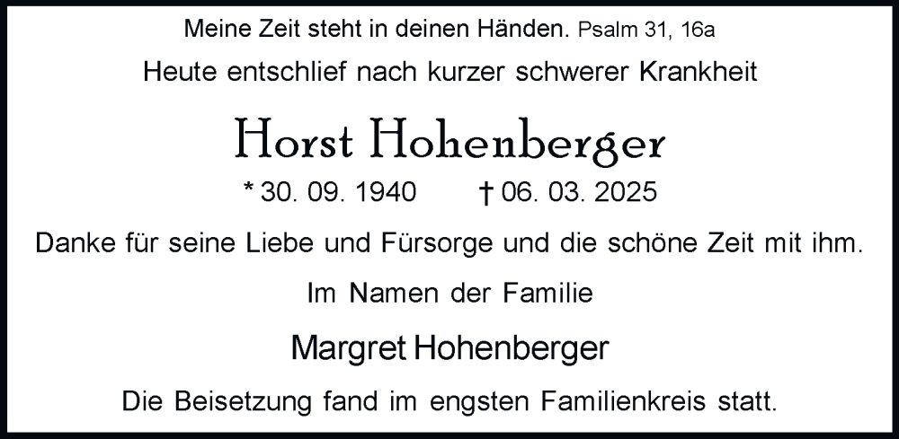  Traueranzeige für Horst Hohenberger vom 29.03.2025 aus Tageszeitung