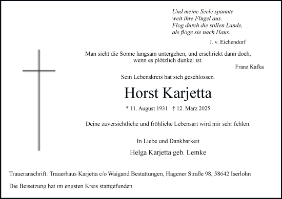Traueranzeige von Horst Karjetta von Tageszeitung
