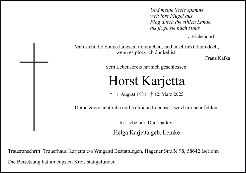  Traueranzeige für Horst Karjetta vom 29.03.2025 aus Tageszeitung