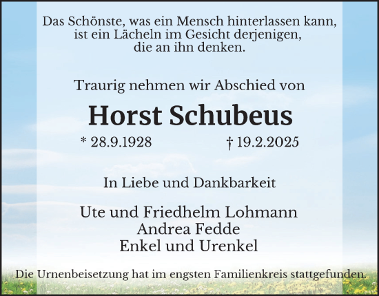 Traueranzeige von Horst Schubeus von Tageszeitung
