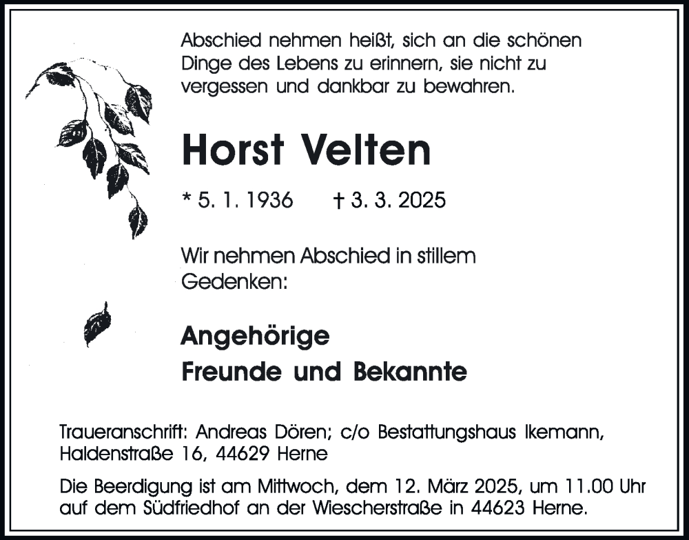  Traueranzeige für Horst Velten vom 08.03.2025 aus Tageszeitung