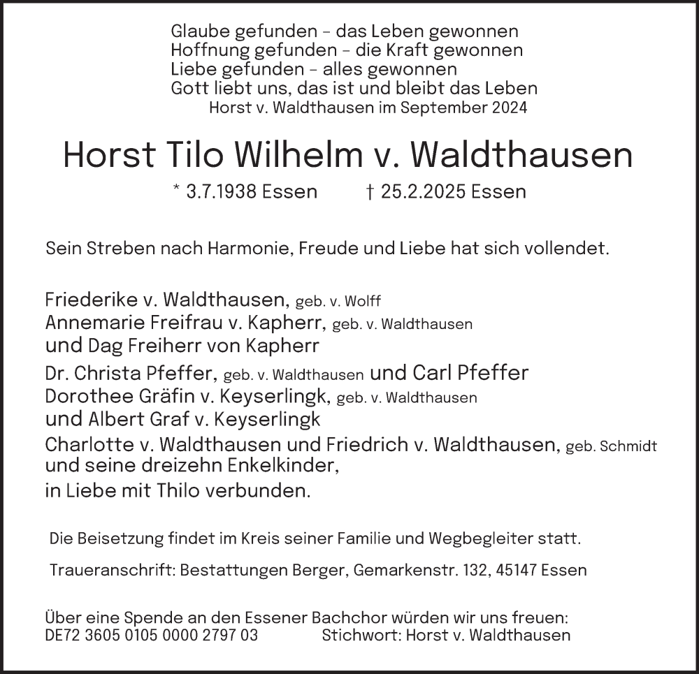  Traueranzeige für Horst Tilo Wilhelm v. Waldthausen vom 01.03.2025 aus Tageszeitung