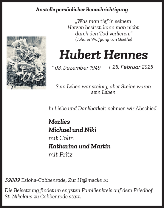 Traueranzeige von Hubert Hennes von Tageszeitung