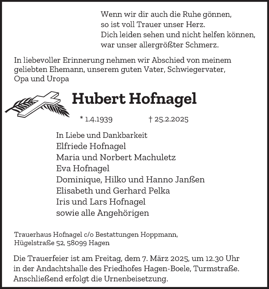  Traueranzeige für Hubert Hofnagel vom 01.03.2025 aus Tageszeitung