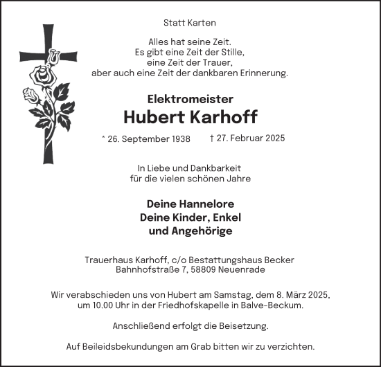 Traueranzeige von Hubert Karhoff von Tageszeitung