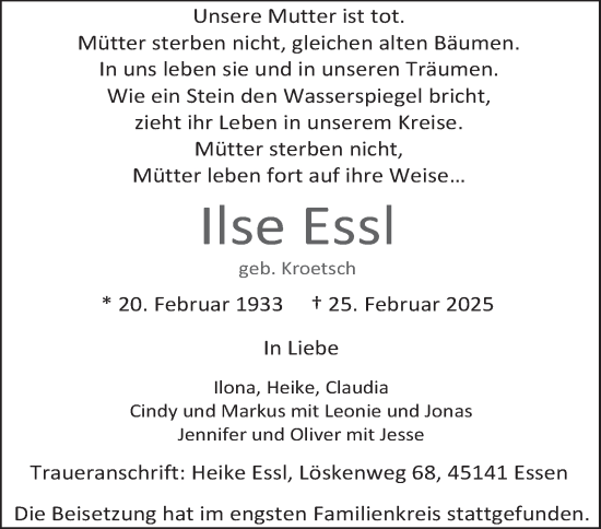 Traueranzeige von Ilse Essl von Tageszeitung