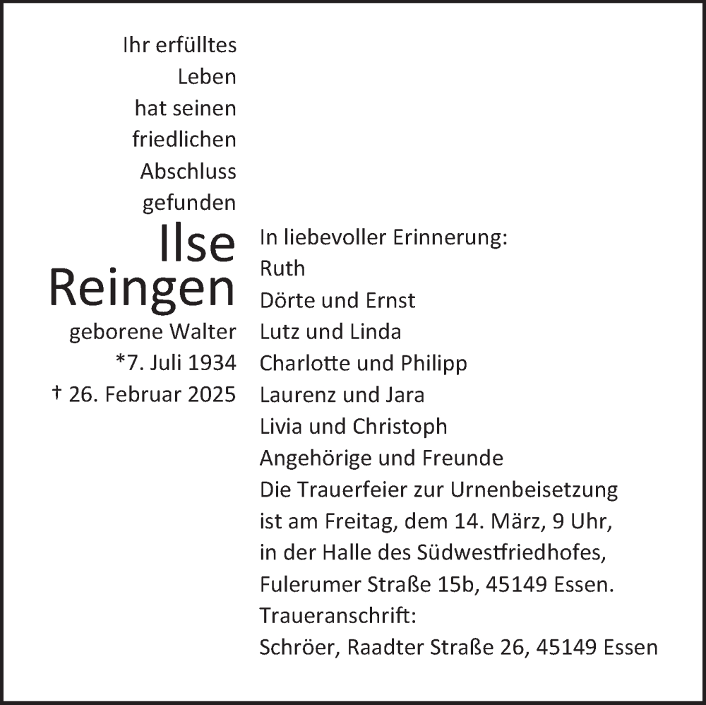  Traueranzeige für Ilse Reingen vom 08.03.2025 aus Tageszeitung
