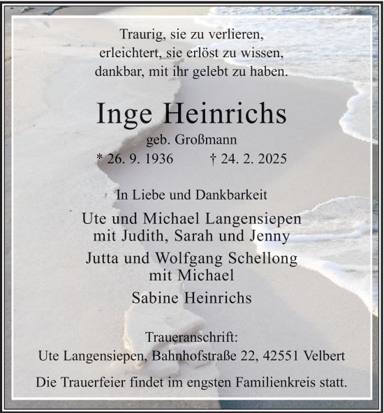 Traueranzeige von Inge Heinrichs von Tageszeitung