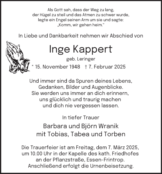 Traueranzeige von Inge Kappert von Tageszeitung