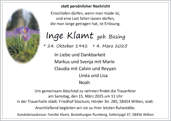 Traueranzeige von Inge Klamt von Tageszeitung