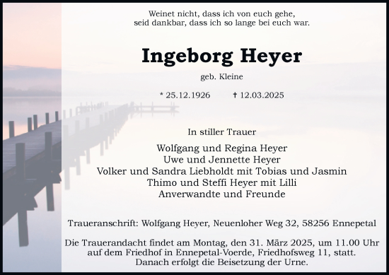 Traueranzeige von Ingeborg Heyer von Tageszeitung
