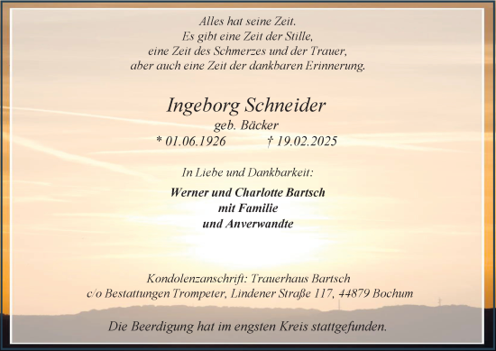 Traueranzeige von Ingeborg Schneider von Tageszeitung