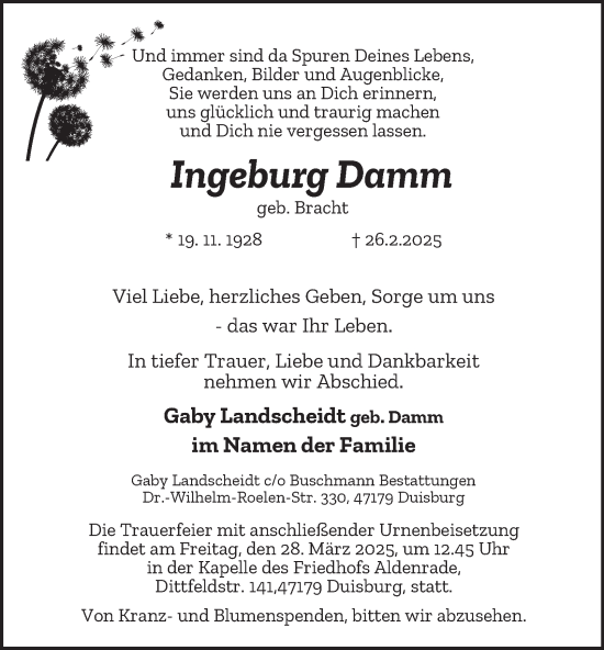 Traueranzeige von Ingeburg Damm von Tageszeitung