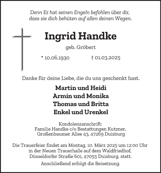 Traueranzeige von Ingrid Handke von Tageszeitung