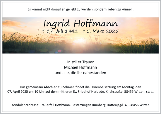 Traueranzeige von Ingrid Hoffmann von Tageszeitung