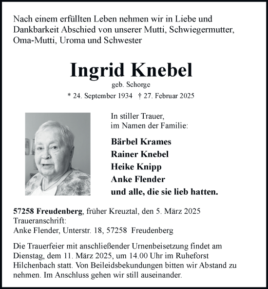Traueranzeige von Ingrid Knebel von Tageszeitung
