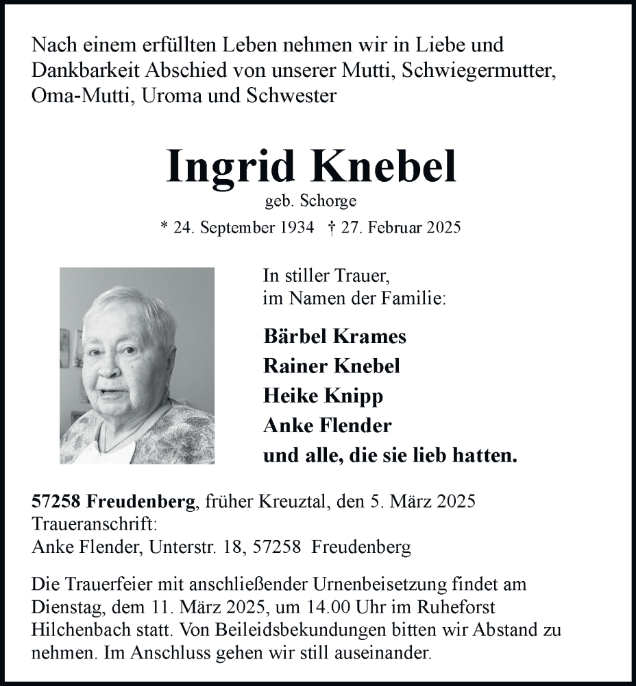  Traueranzeige für Ingrid Knebel vom 05.03.2025 aus Tageszeitung