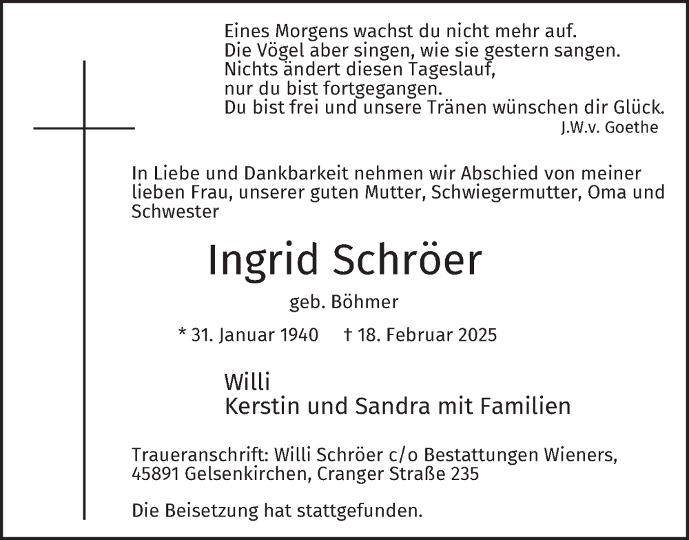  Traueranzeige für Ingrid Schröer vom 01.03.2025 aus Tageszeitung
