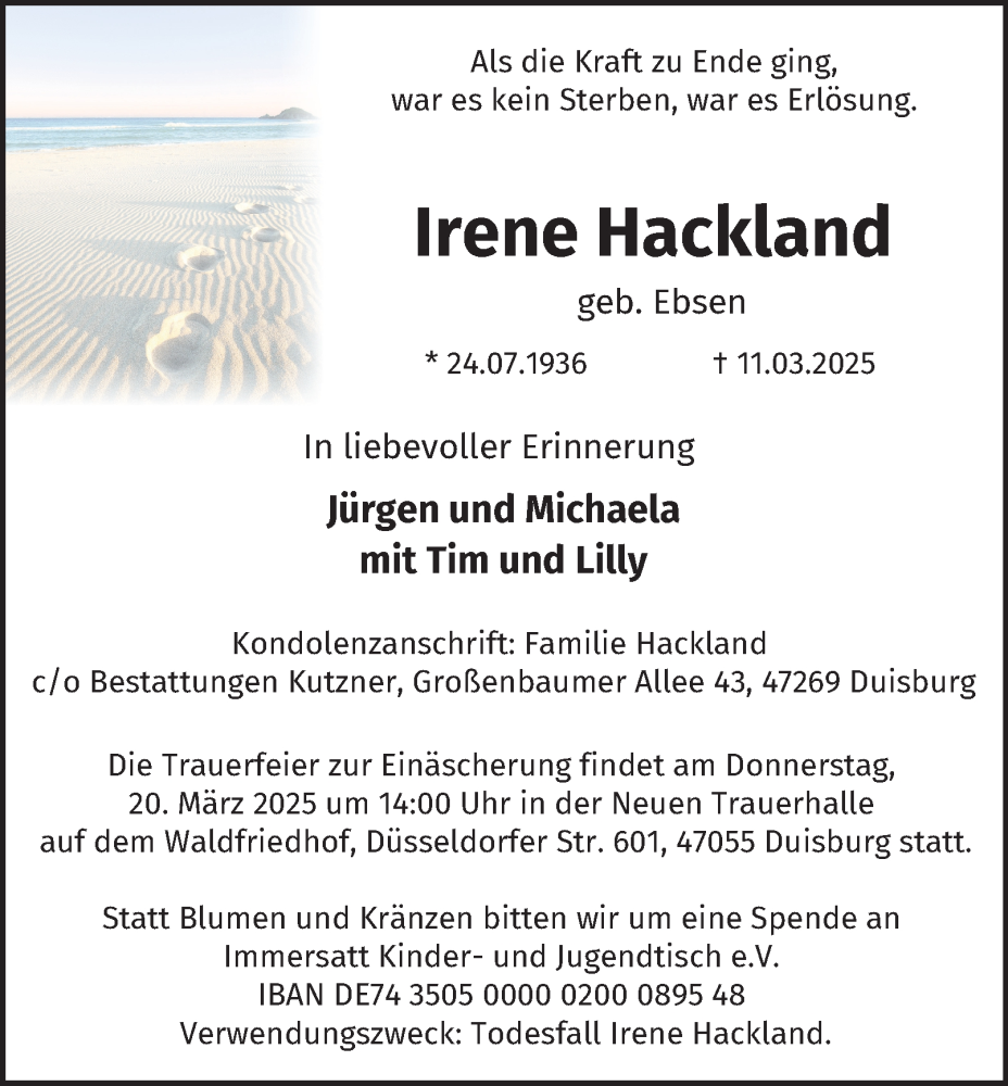  Traueranzeige für Irene Hackland vom 15.03.2025 aus Tageszeitung