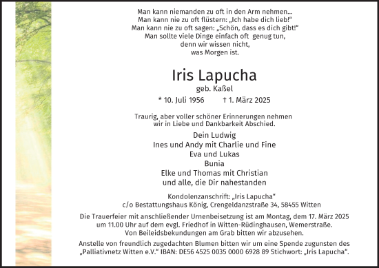 Traueranzeige von Iris Lapucha von Tageszeitung