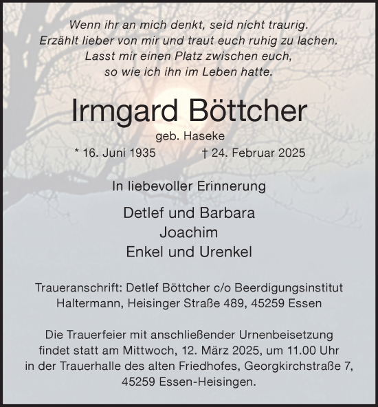 Traueranzeige von Irmgard Böttcher von Tageszeitung