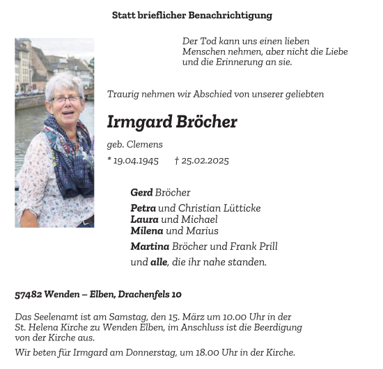 Traueranzeige von Irmgard Bröcher von Tageszeitung