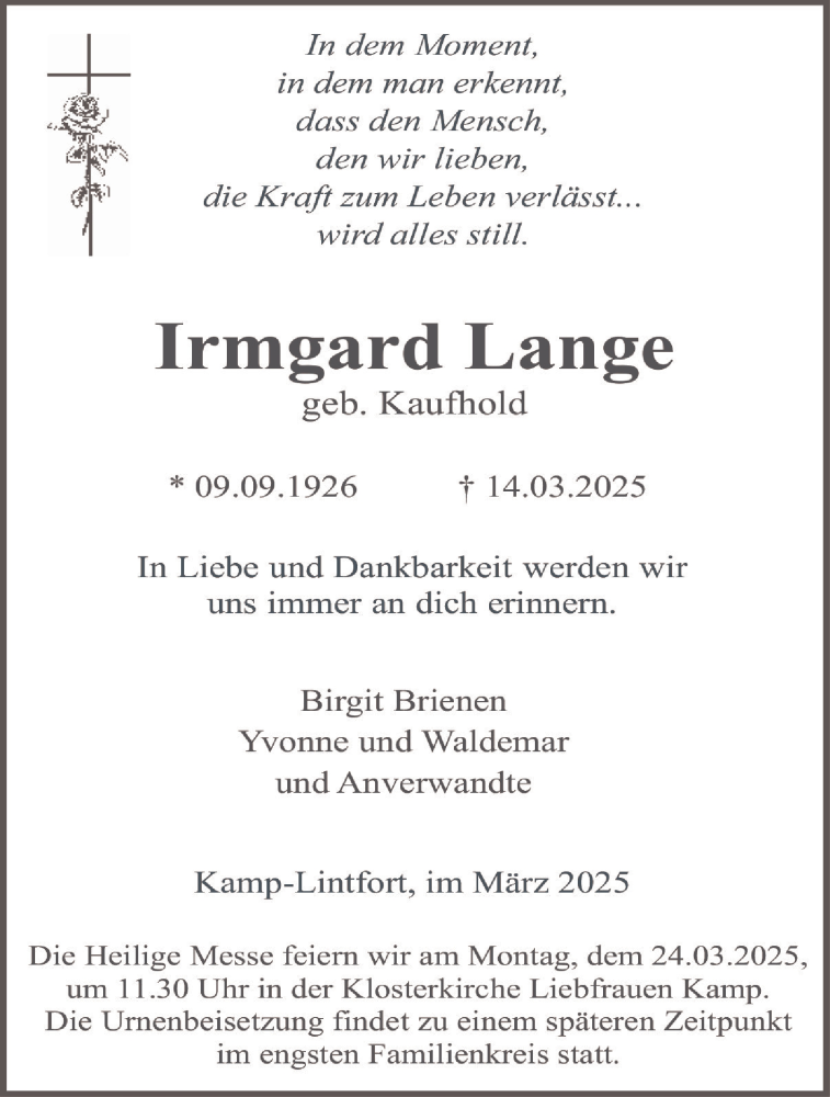  Traueranzeige für Irmgard Lange vom 22.03.2025 aus Tageszeitung