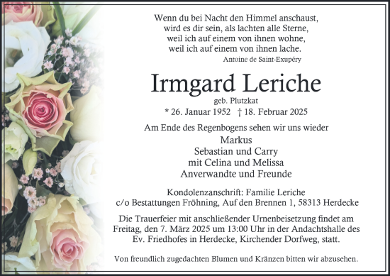 Traueranzeige von Irmgard Leriche von Tageszeitung